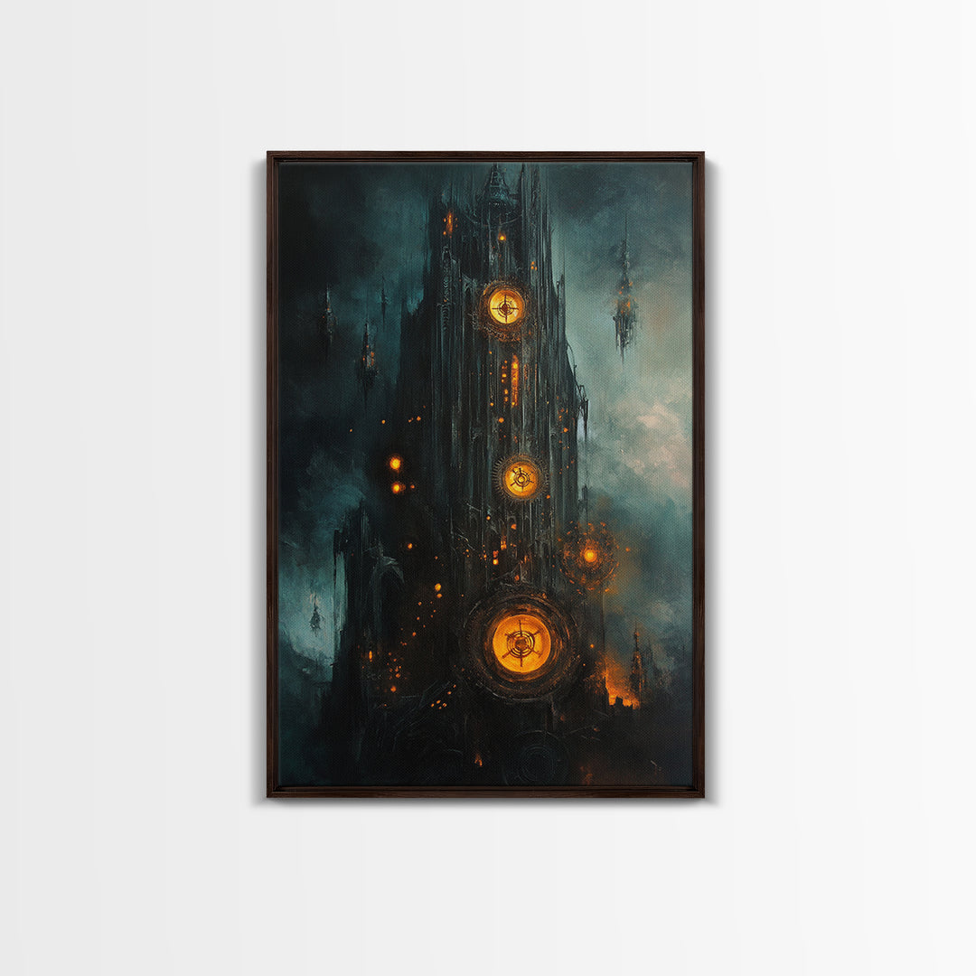 Dark Clockwork Gothic Tower With Glowing Gears Wall Art, Steampunk Fantasy Canvas Print, Moody Industrial Decor Gift For Him