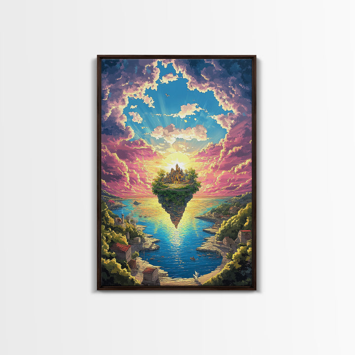 Floating Island Castle At Sunrise, Fantasy Canvas Print, Coastal Landscape Wall Decor, Whimsical Living Room Art Gift Idea
