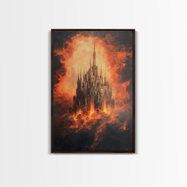 Fiery Gothic Cathedral In Storm Clouds, Dark Fantasy Canvas Print, Moody Wall Art, Gothic Dark Academia Home Decor Gift For Him