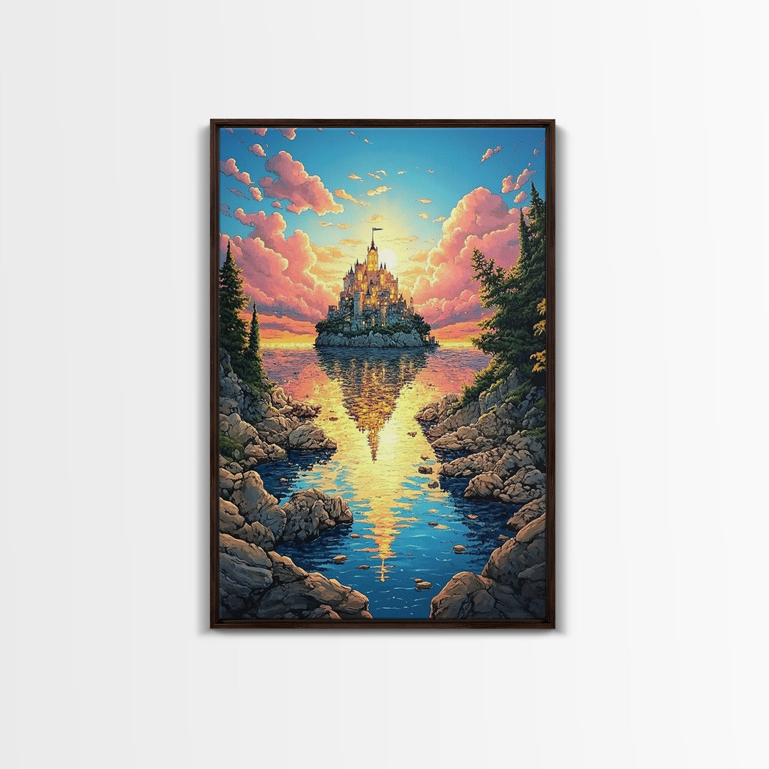 Island Castle Reflected In Cove, Fantasy Wall Art, Colorful Coastal Landscape Canvas Print, Whimsical Home Decor Gift Idea
