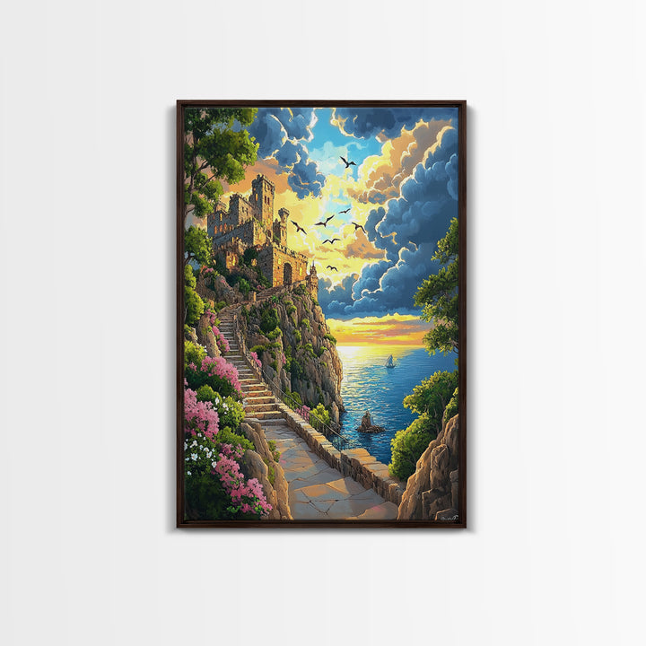 Seaside Ruins Stairway At Sunset, Coastal Wall Art, Castle Landscape Canvas Print, Whimsical Mediterranean Home Decor Gift