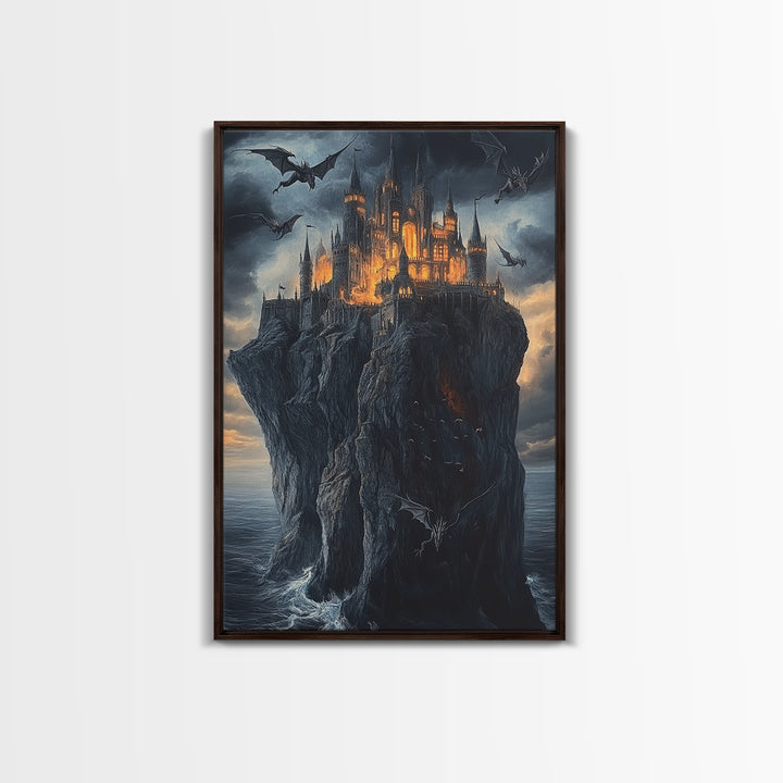 Gothic Dragon Castle On Sea Cliff Framed Canvas Print, Dark Fantasy Wall Art, Medieval Decor, Moody Castle Art Gift, Gothic Wall Decor