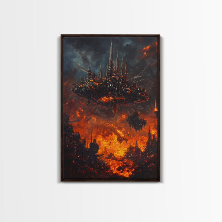 Fiery Dystopian Floating City Framed Canvas Print, Cyberpunk Wall Art, Dark Sci Fi Decor, Apocalyptic Fantasy Art, Poster