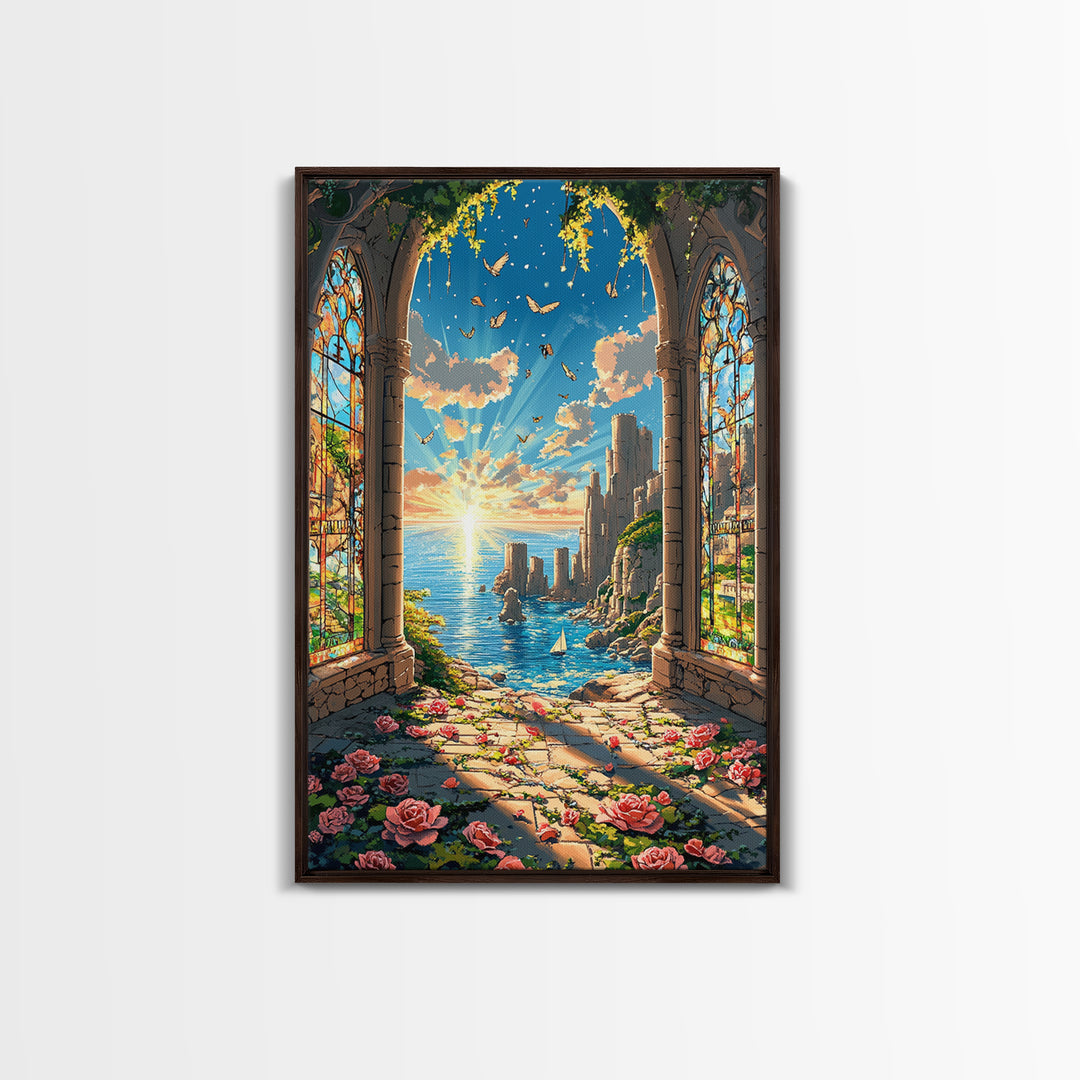 Sunlit Stained Glass Arch Ocean Ruins Framed Canvas Print, Coastal Wall Art, Rose Garden Decor, Fantasy Seascape Art Gift