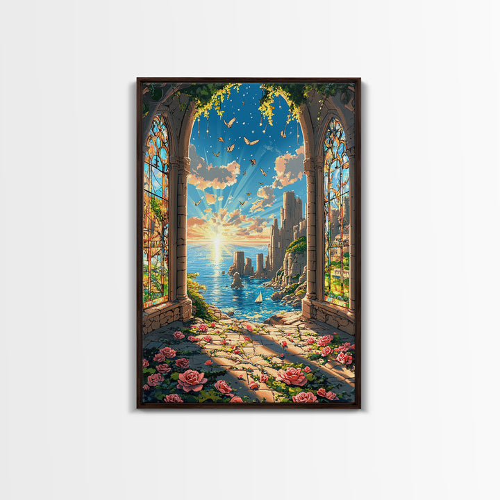 Sunlit Stained Glass Arch Ocean Ruins Framed Canvas Print, Coastal Wall Art, Rose Garden Decor, Fantasy Seascape Art Gift