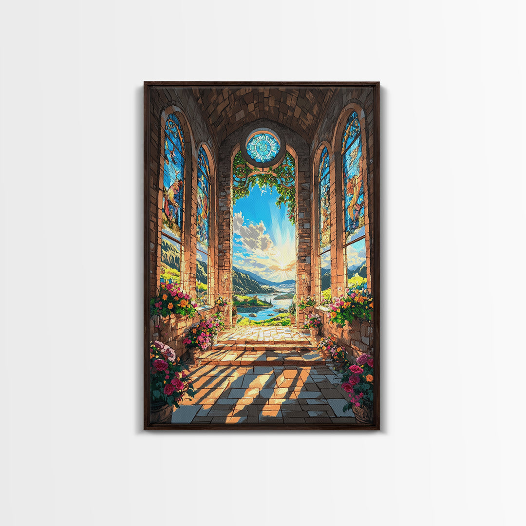 Cathedral Window Lake Vista Framed Canvas Print, Stained Glass Wall Art, Floral Garden Decor, Serene Coastal Landscape Art