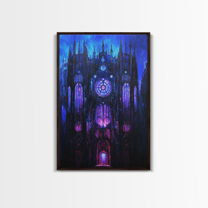 Blue Gothic Clockwork Cathedral Canvas Print, Dark Academia Wall Art, Purple Stained Glass Decor, Moody Fantasy Art Poster