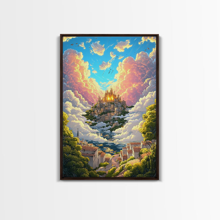 Heavenly Cloud City Above Coastal Village Canvas Print, Fantasy Wall Art, Colorful Landscape Decor, Dreamy Sunlit Poster