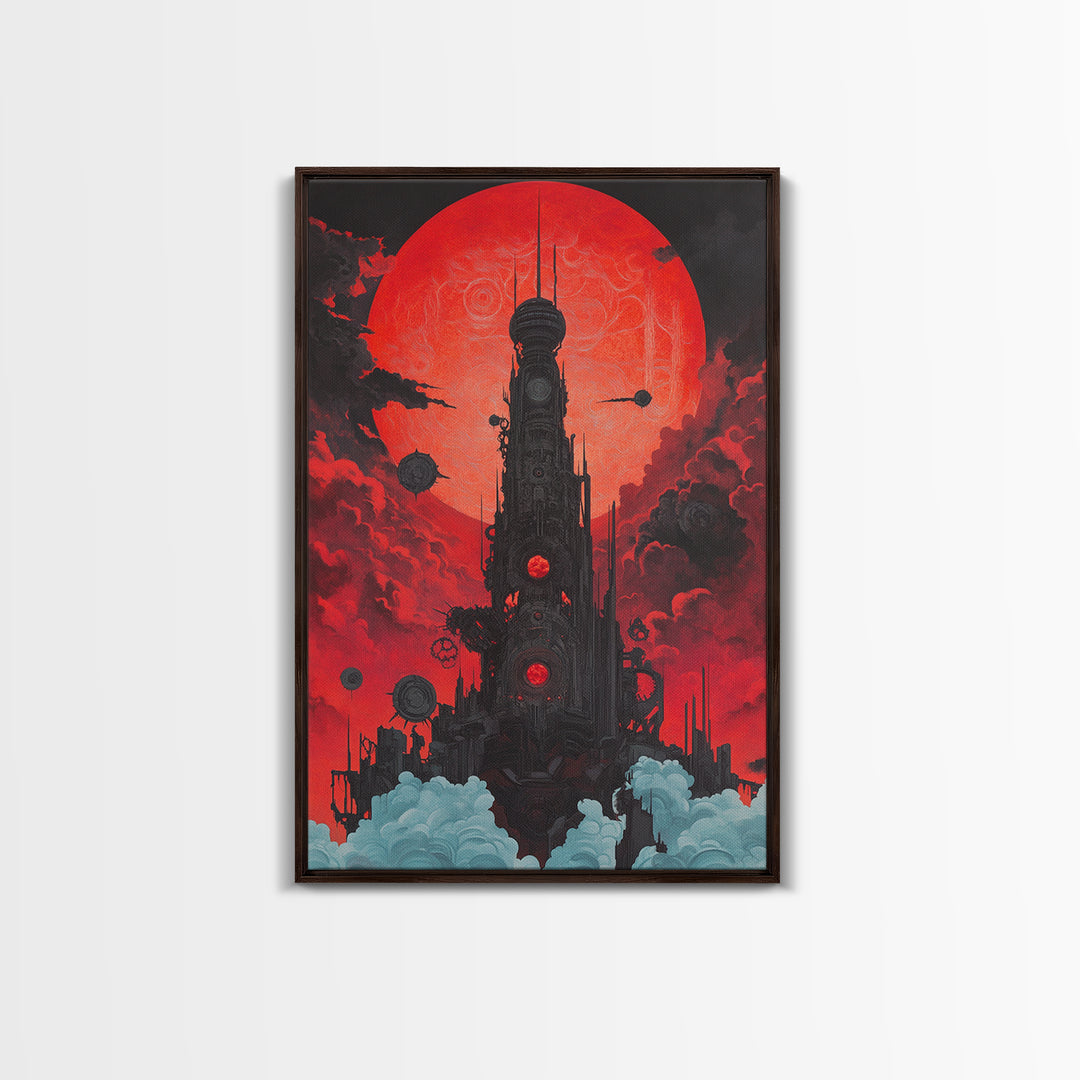 Red Moon Futuristic Tower Wall Art, Dark Sci Fi Cityscape Poster, Cyberpunk Gothic Decor For Gaming Room And Office Decor