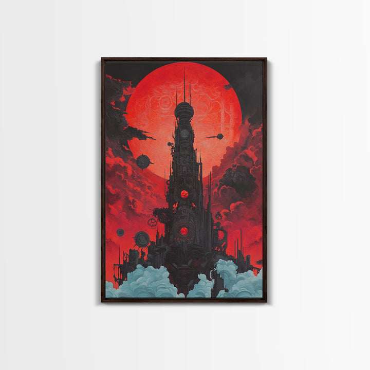 Red Moon Futuristic Tower Wall Art, Dark Sci Fi Cityscape Poster, Cyberpunk Gothic Decor For Gaming Room And Office Decor