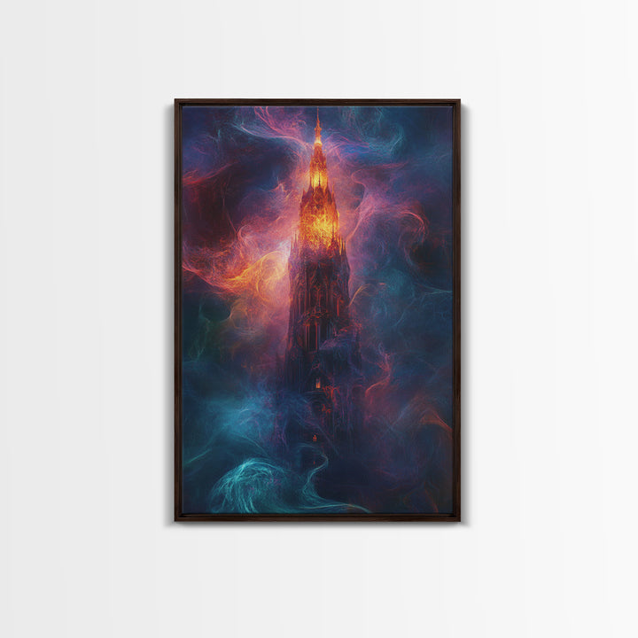 Fiery Gothic Tower Framed Canvas Print, Dark Fantasy Abstract Art, Moody Surreal Wall Decor For Office And Living Room Art