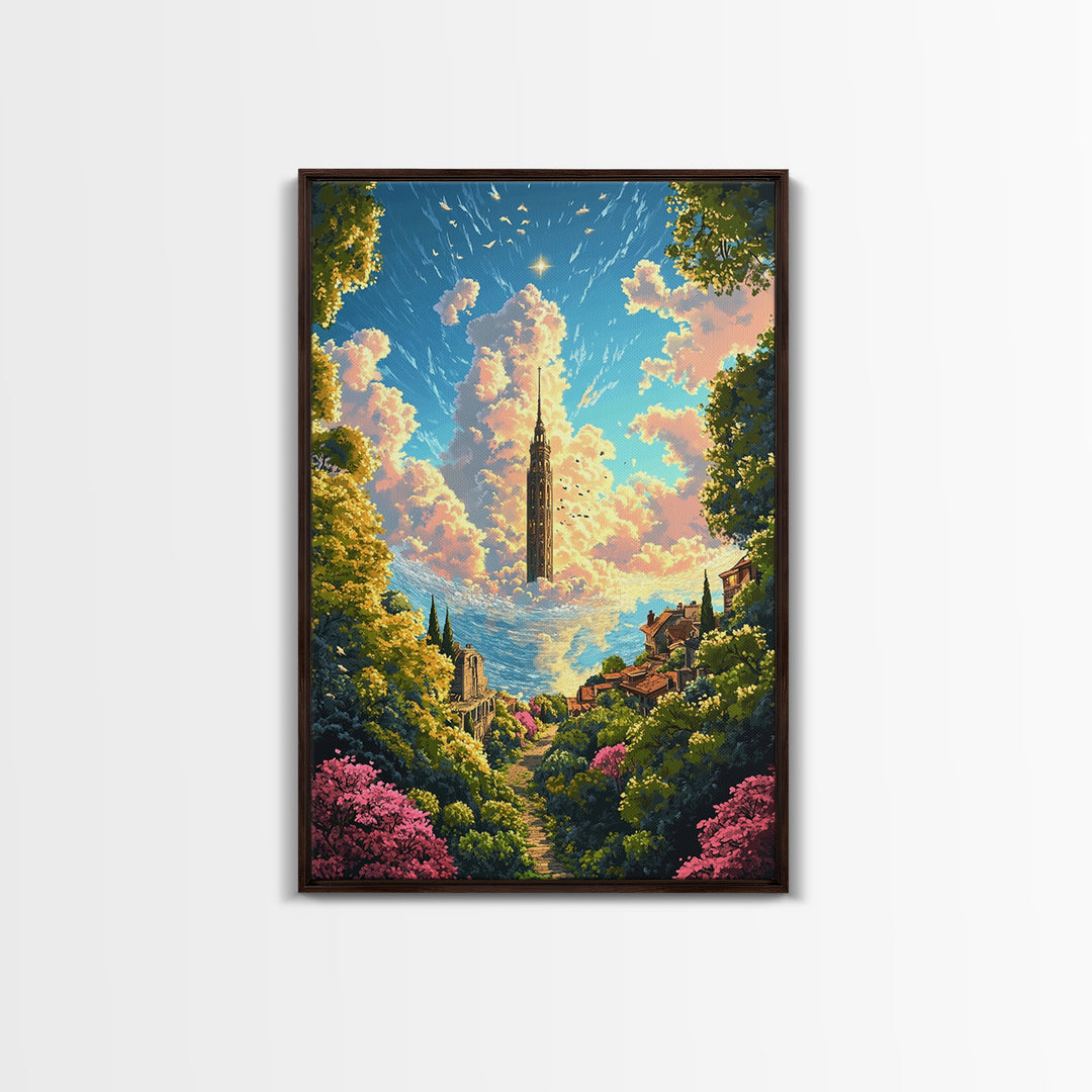 Floating Cloud Tower Canvas Print, Whimsical Fantasy Landscape Wall Art, Dreamy Garden Decor For Bedroom And Nursery Gift