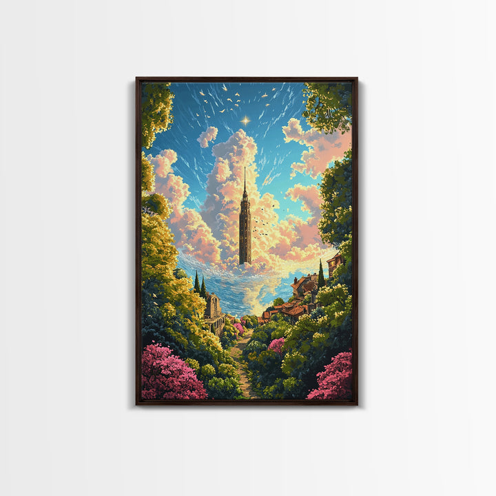 Floating Cloud Tower Canvas Print, Whimsical Fantasy Landscape Wall Art, Dreamy Garden Decor For Bedroom And Nursery Gift