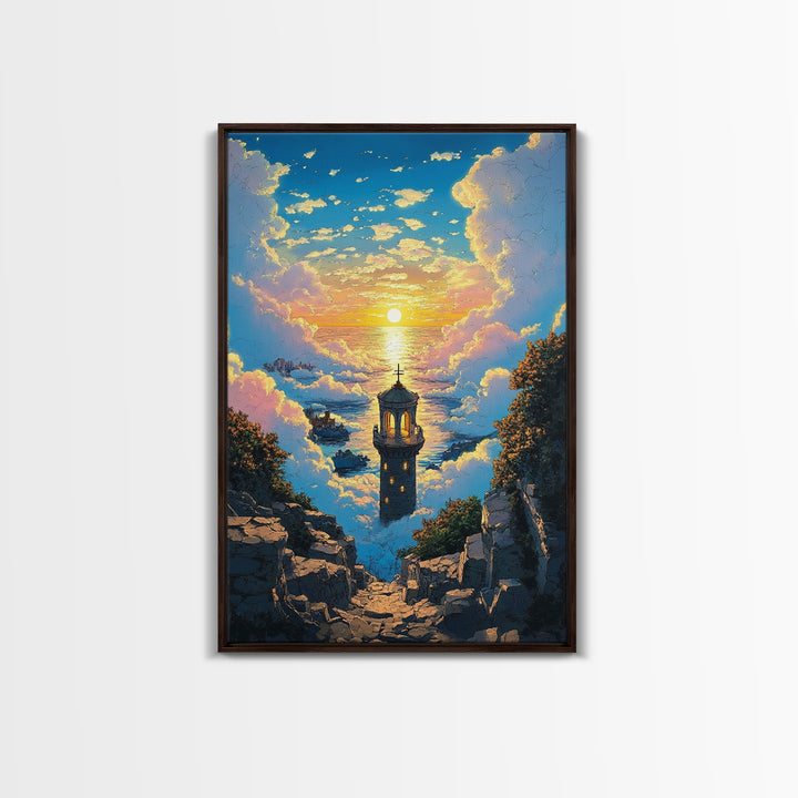 Sunset Sea Tower Canvas Print, Dreamy Cloud Ocean Landscape Wall Art, Coastal Fantasy Decor For Bedroom And Living Room Gift