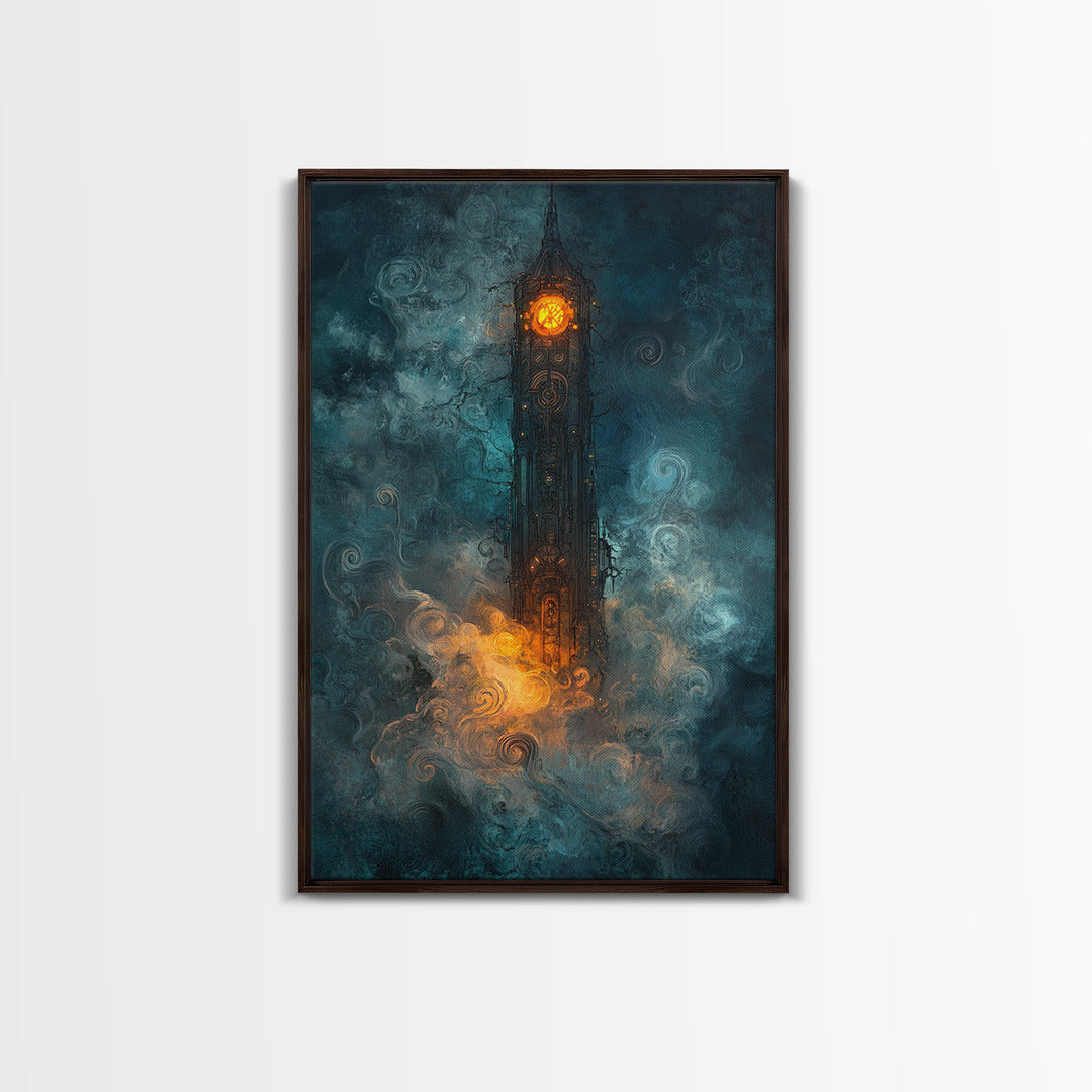 Dark Clock Tower In Teal Fog Wall Art, Gothic Fantasy Castle Canvas, Moody Steampunk Decor, Surreal Large Print, Living Room Wall Decor
