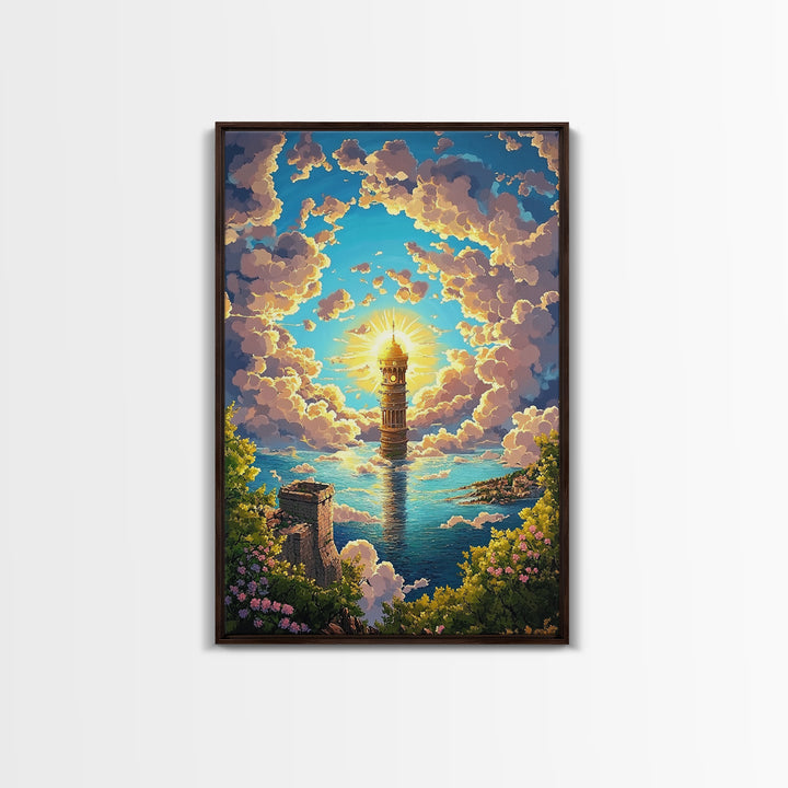 Sunlit Sea Tower And Golden Clouds Framed Canvas Print, Coastal Fantasy Wall Art, Ocean Landscape, Living Room Decor, Home Decor