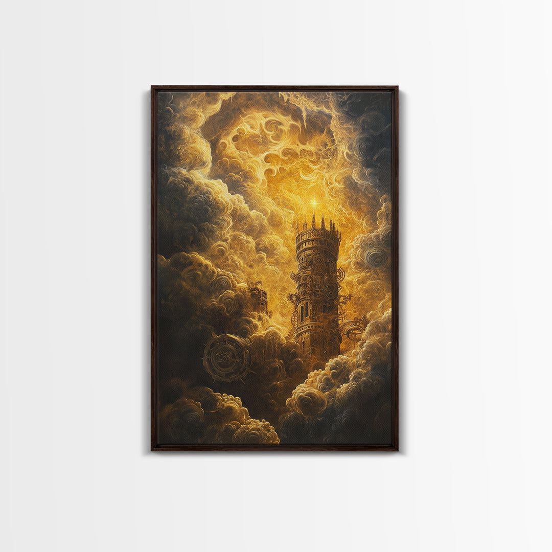 Golden Celestial Tower In Storm Clouds Canvas Print, Dark Fantasy Wall Art, Steampunk Castle, Gothic Living Room Decor Print