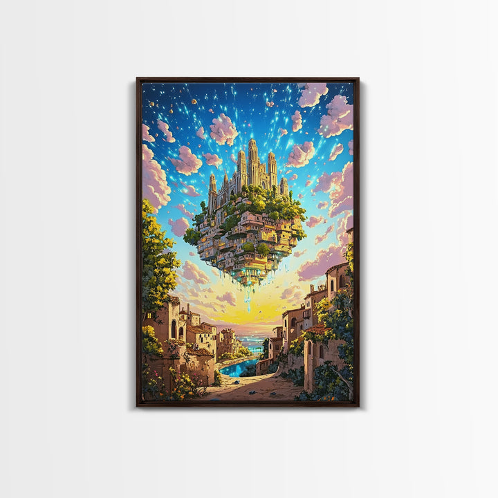 Floating Castle City Over Seaside Village Wall Art, Colorful Fantasy Canvas Print, Whimsical Coastal Living Room Decor Print