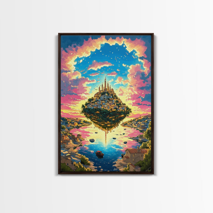 Floating Island City At Pink Sunset Wall Art, Vibrant Fantasy Landscape Canvas Print, Coastal Village, Colorful Home Decor