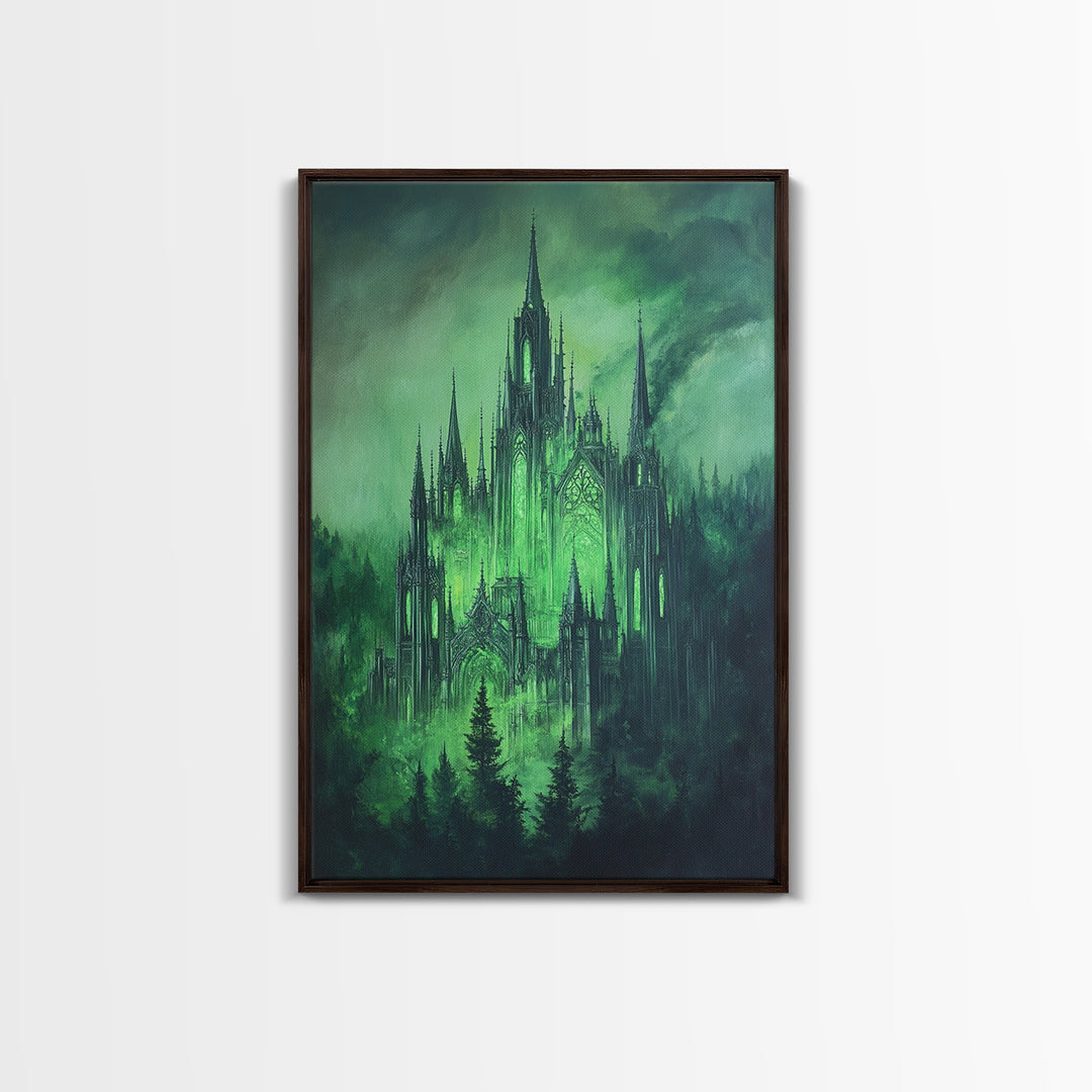 Emerald Gothic Castle In Misty Forest Wall Art, Dark Fantasy Decor, Moody Green Gothic Wall Decor, Magical Castle Print Poster