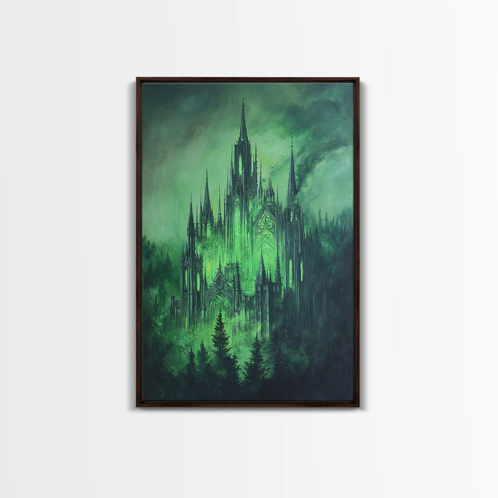 Emerald Gothic Castle In Misty Forest Wall Art, Dark Fantasy Decor, Moody Green Gothic Wall Decor, Magical Castle Print Poster