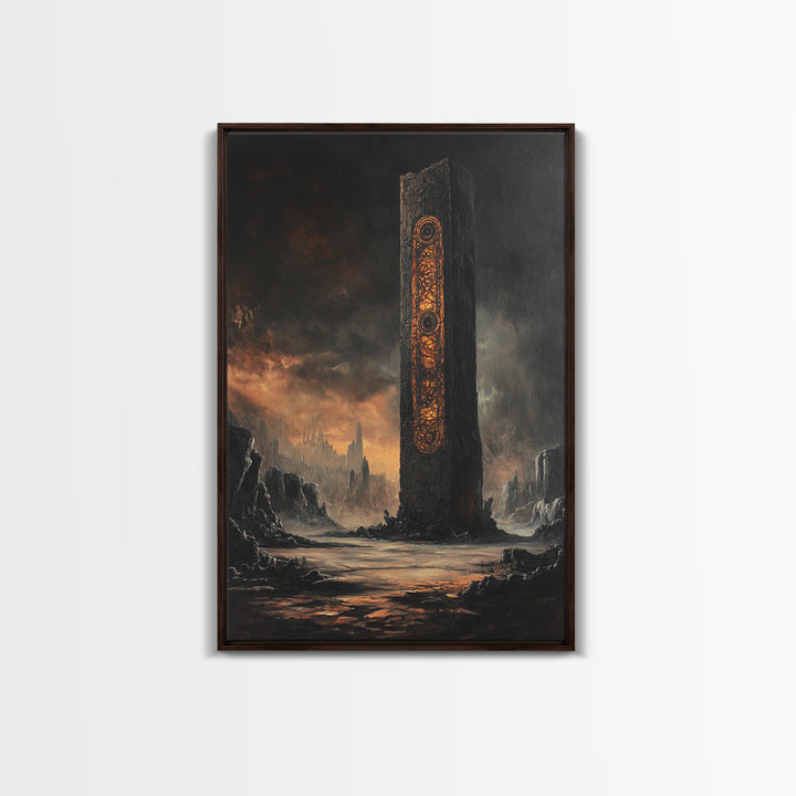 Ancient Rune Monolith In Dark Wasteland Canvas Print, Dystopian Sci Fi Wall Decor, Futuristic Tower Art, Gothic Home Decor