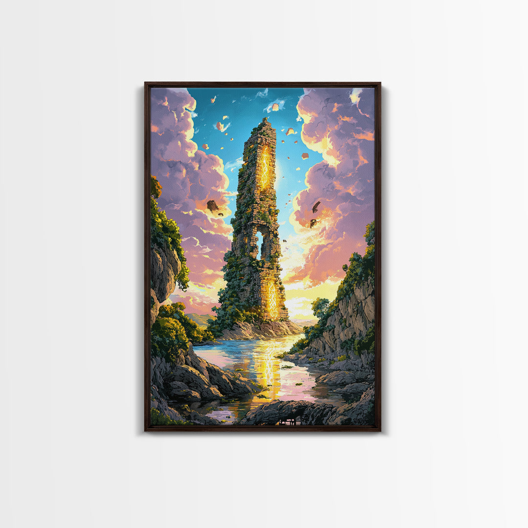 Sunlit Ruined Tower With Golden Portal Canvas Print, Fantasy River Landscape Art, Vibrant Coastal Wall Decor, Magical Home Decor