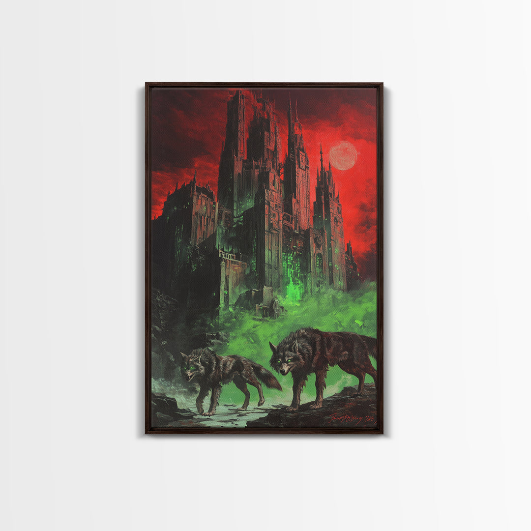 Red Moon Gothic Citadel With Wolves Wall Art, Dark Fantasy Castle Print, Black And Red Wall Decor, Moody Gothic Home Decor