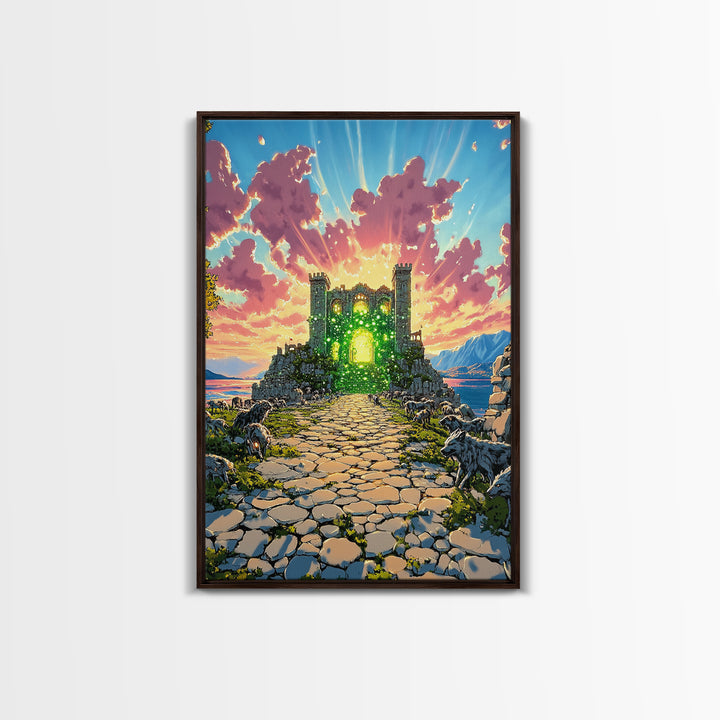 Glowing Green Ruined Castle Path Framed Canvas Print, Fantasy Landscape Wall Art, Colorful Mountain Decor, Whimsical Wolf Art