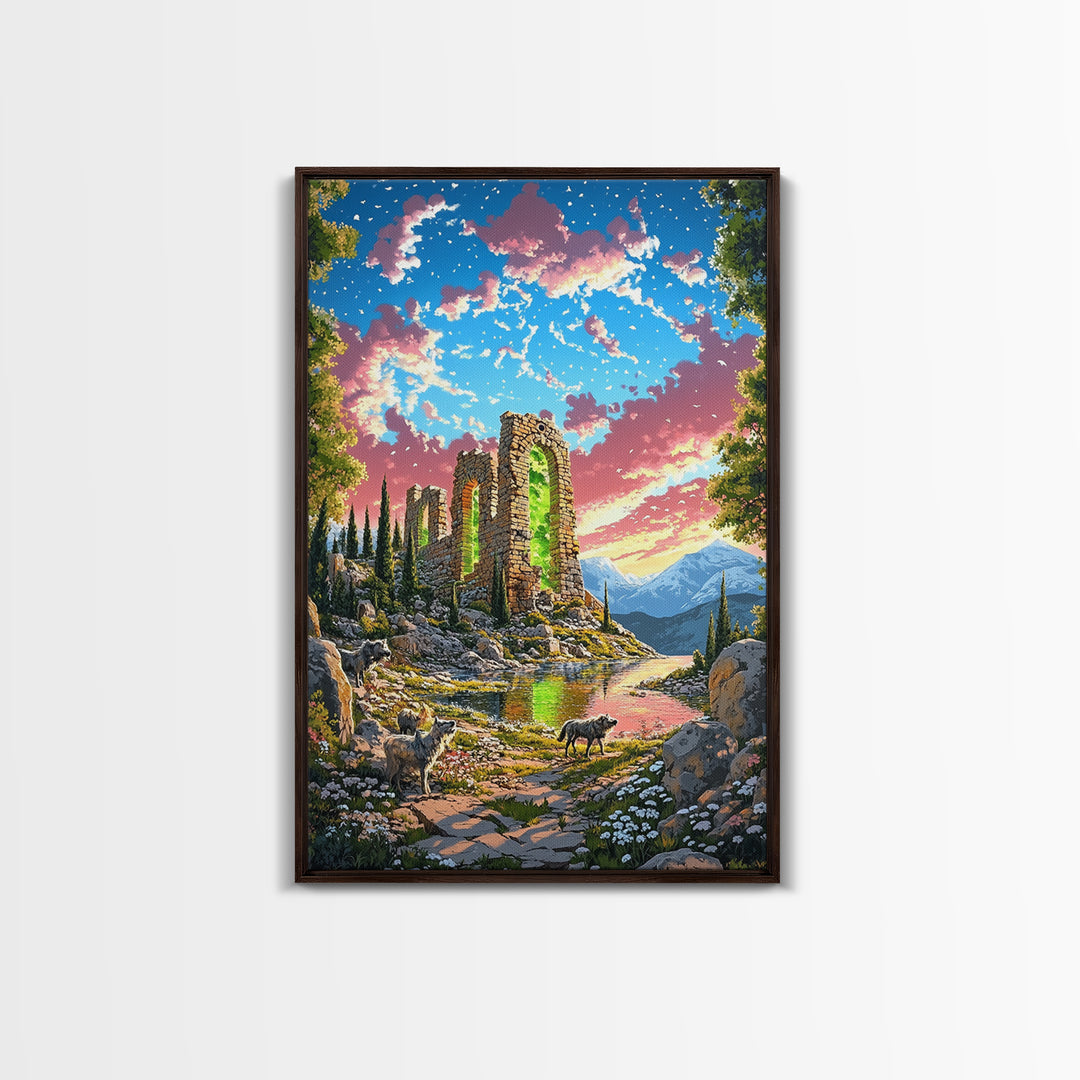 Sunset Stone Ruins With Green Portal Canvas Print, Fantasy Mountain Landscape Wall Art, Vibrant Nature Decor, Whimsical Goat Art
