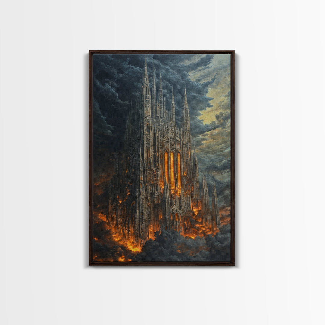 Fiery Gothic Cathedral In Storm Clouds Framed Canvas Print, Dark Fantasy Wall Art, Moody Medieval Decor For Dramatic Rooms