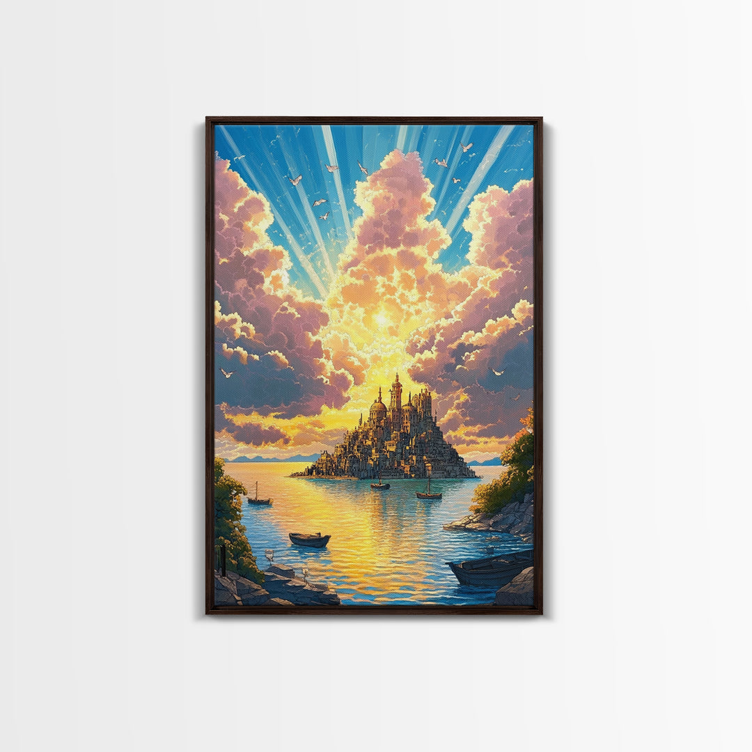 Golden Island Cathedral With Boats Canvas Print, Coastal Fantasy Wall Art, Sunset Seascape Decor For Serene Living Room Art