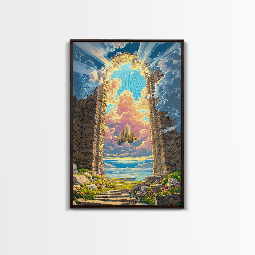 Stone Portal To Floating Castle Framed Canvas Print, Fantasy Landscape Wall Art, Magical Ruins Decor, Unique Gift For Her