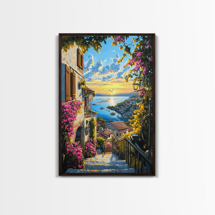 Mediterranean Village Steps Above Blue Sea Wall Art, Coastal Canvas Print, Floral Travel Poster Decor, Gift For Her Home Decor
