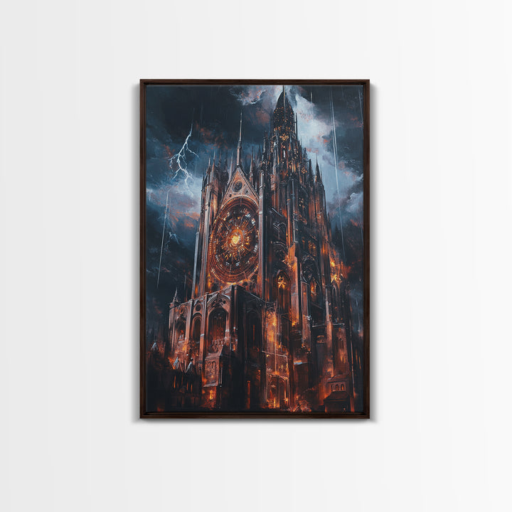 Stormy Gothic Cathedral With Lightning Framed Canvas Print, Dark Fantasy Wall Art, Dramatic Medieval Decor For Masculine Office