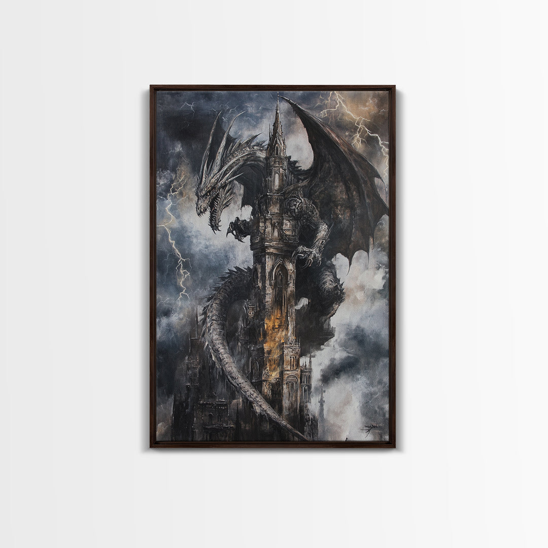Dark Storm Dragon Cathedral Wall Art, Gothic Fantasy Castle Canvas, Lightning Dragon Print, Moody Medieval Home Decor Gift