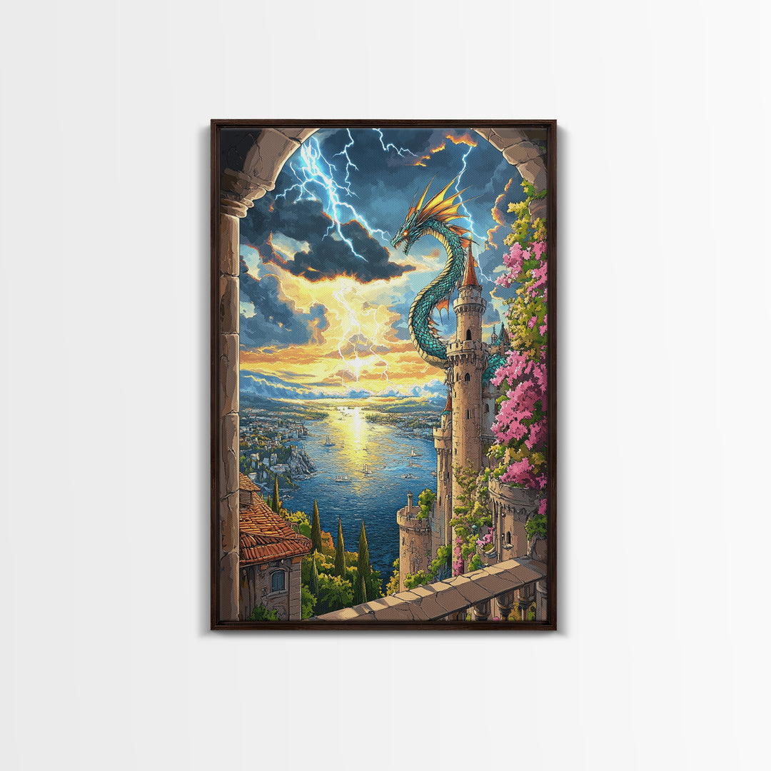 Sunset Sea Dragon Castle Wall Art, Vibrant Fantasy Coastal Landscape Print, Mediterranean Tower Living Room Decor, Gift For Her