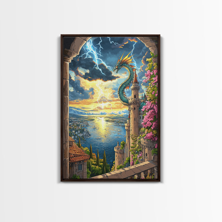 Sunset Sea Dragon Castle Wall Art, Vibrant Fantasy Coastal Landscape Print, Mediterranean Tower Living Room Decor, Gift For Her