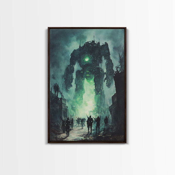 Green Glow Giant Robot Wall Art, Dark Sci Fi Dystopian City Canvas, Futuristic Mech Print, Gaming Room Decor Gift For Him
