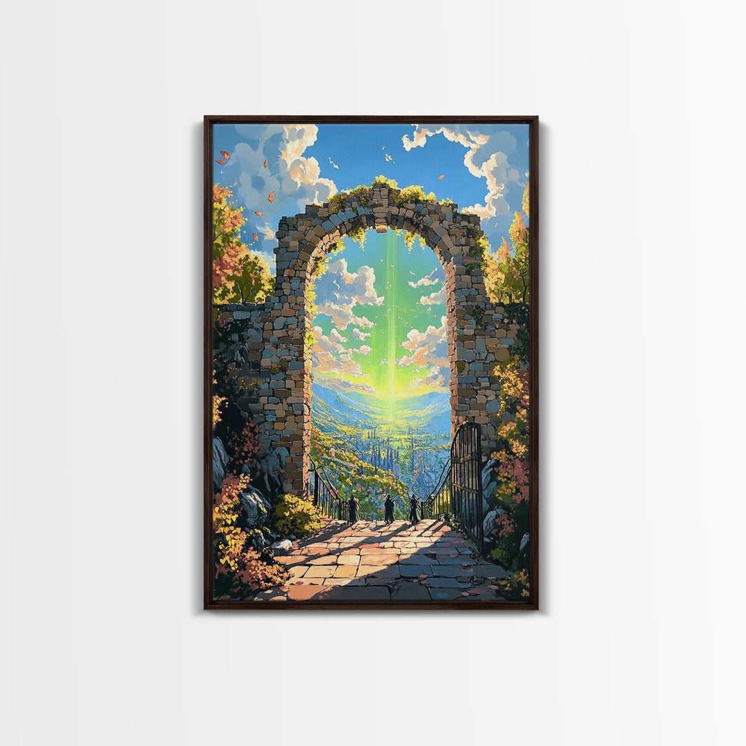 Sunlit Stone Arch Wall Art, Fantasy Coastal Ruins Canvas Print, Ocean Garden Path Landscape, Mediterranean Home Decor Gift
