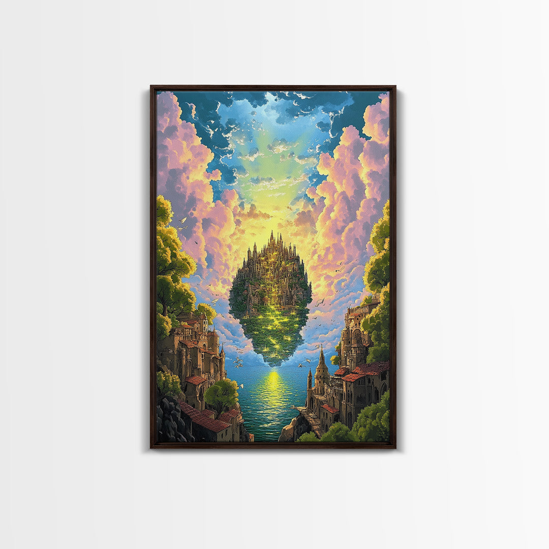 Floating Island Castle At Golden Sunset Canvas Print, Fantasy Wall Decor, Coastal Landscape Art, Large Living Room Decor