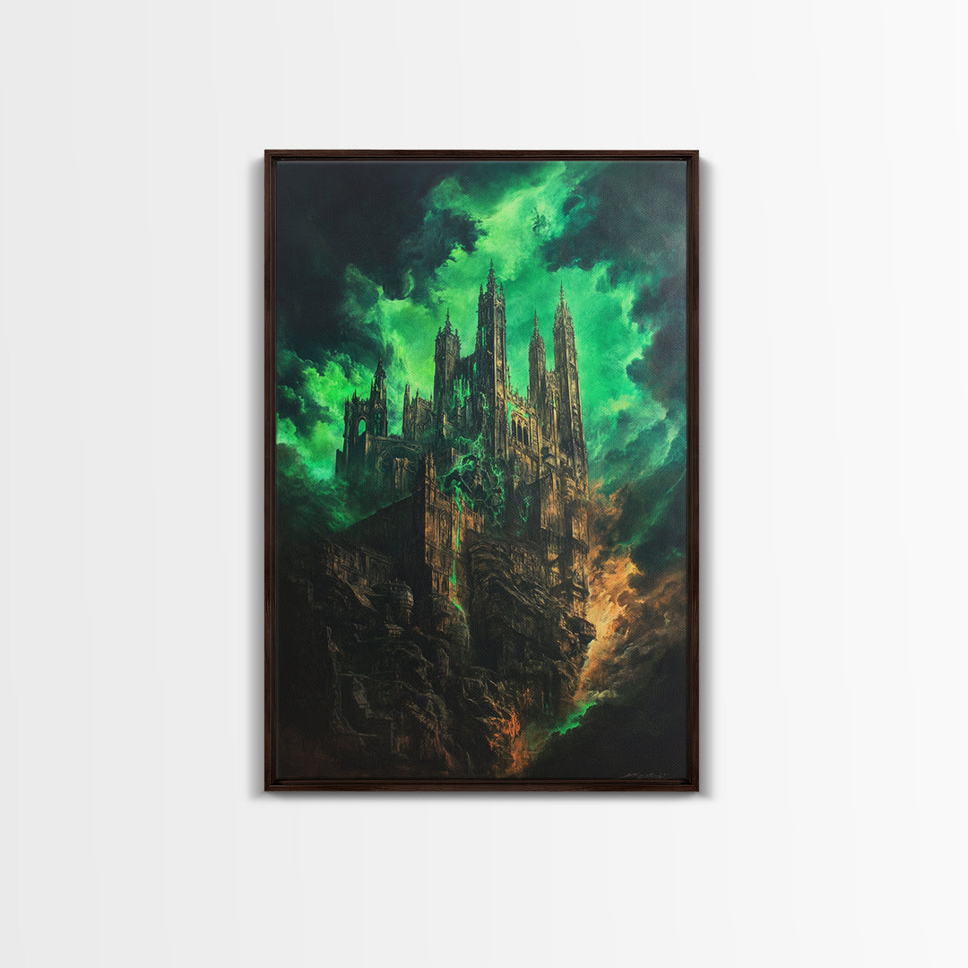 Emerald Gothic Cathedral In Storm Clouds Framed Canvas Print, Dark Fantasy Art, Moody Wall Decor, Dramatic Office Decor