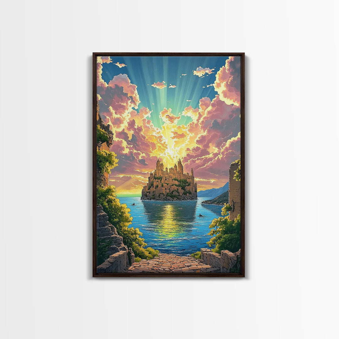 Sunlit Island Castle With Pink Clouds Canvas Print, Fantasy Landscape Wall Art, Coastal Decor, Large Living Room Art, Home Decor