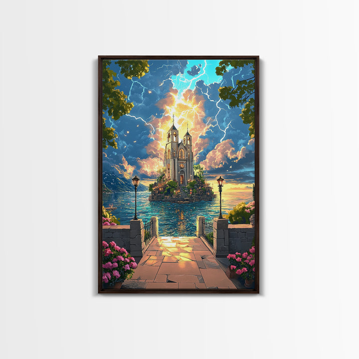 Lightning Over Island Cathedral And Lake Walkway Wall Art, Fantasy Landscape Print, Statement Living Room Decor Gift Idea