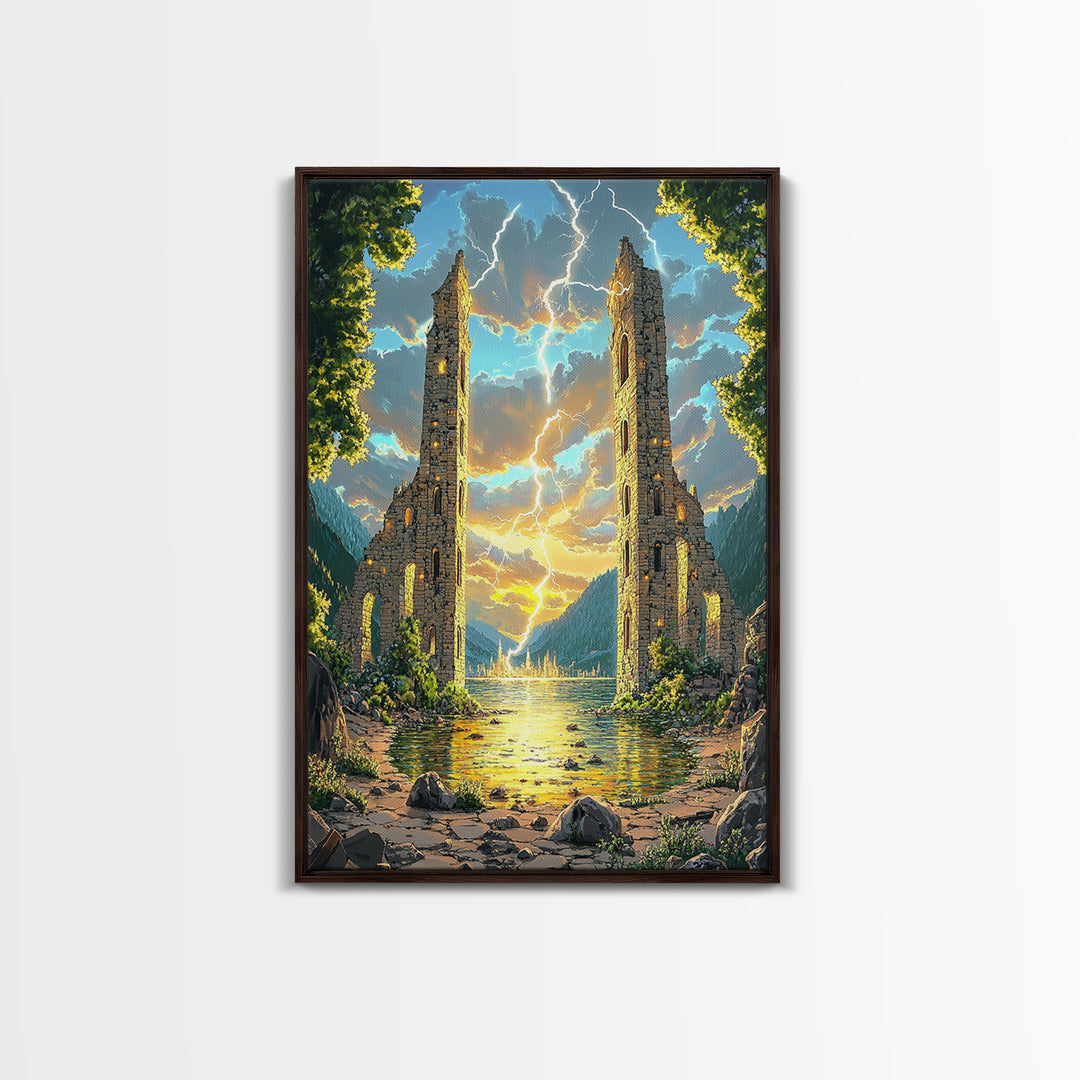 Ancient Ruined Towers With Lightning At Lake Canvas Print, Fantasy Landscape Wall Art, Mountain Decor, Dramatic Home Decor