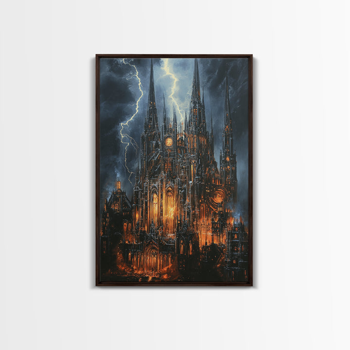 Stormy Gothic Cathedral With Orange Glow Framed Canvas Print, Dark Academia Wall Art, Moody Office Decor, Fantasy Art, Gift
