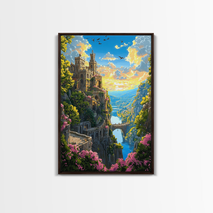 Cliffside Castle Garden Over Blue Valley Wall Art, Fantasy Landscape Print, Colorful Home Decor, Large Living Room Art, Gift