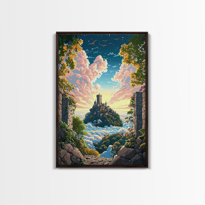 Castle Above Clouds Through Stone Gate Canvas Print, Dreamy Fantasy Wall Art, Whimsical Decor, Large Bedroom Wall Art, Gift