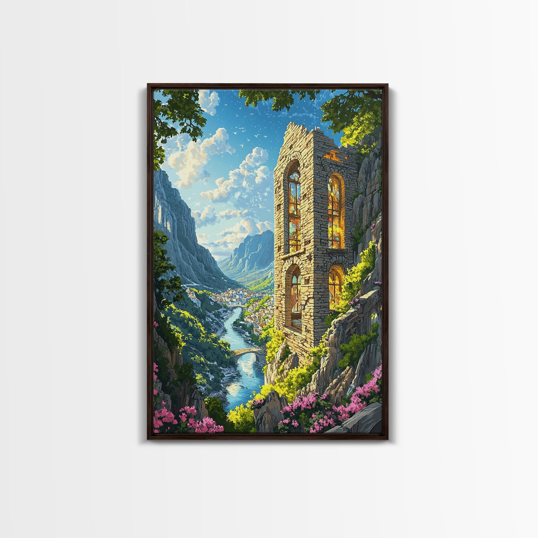 Sunlit Cliffside Stone Tower Above Alpine River Valley Wall Art, Fantasy Landscape Print, Gothic Ruins Decor Gift For Living Room