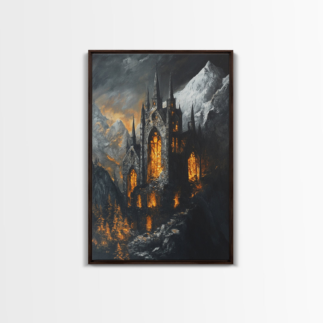 Dark Gothic Cathedral In Snowy Mountains With Amber Windows Canvas Print, Moody Fantasy Wall Art, Dark Academia Decor For Office